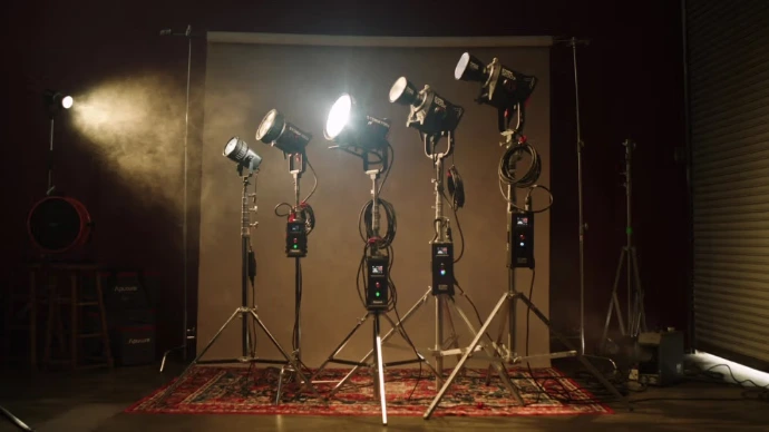 Professional film lighting equipment including LED and HMI lights